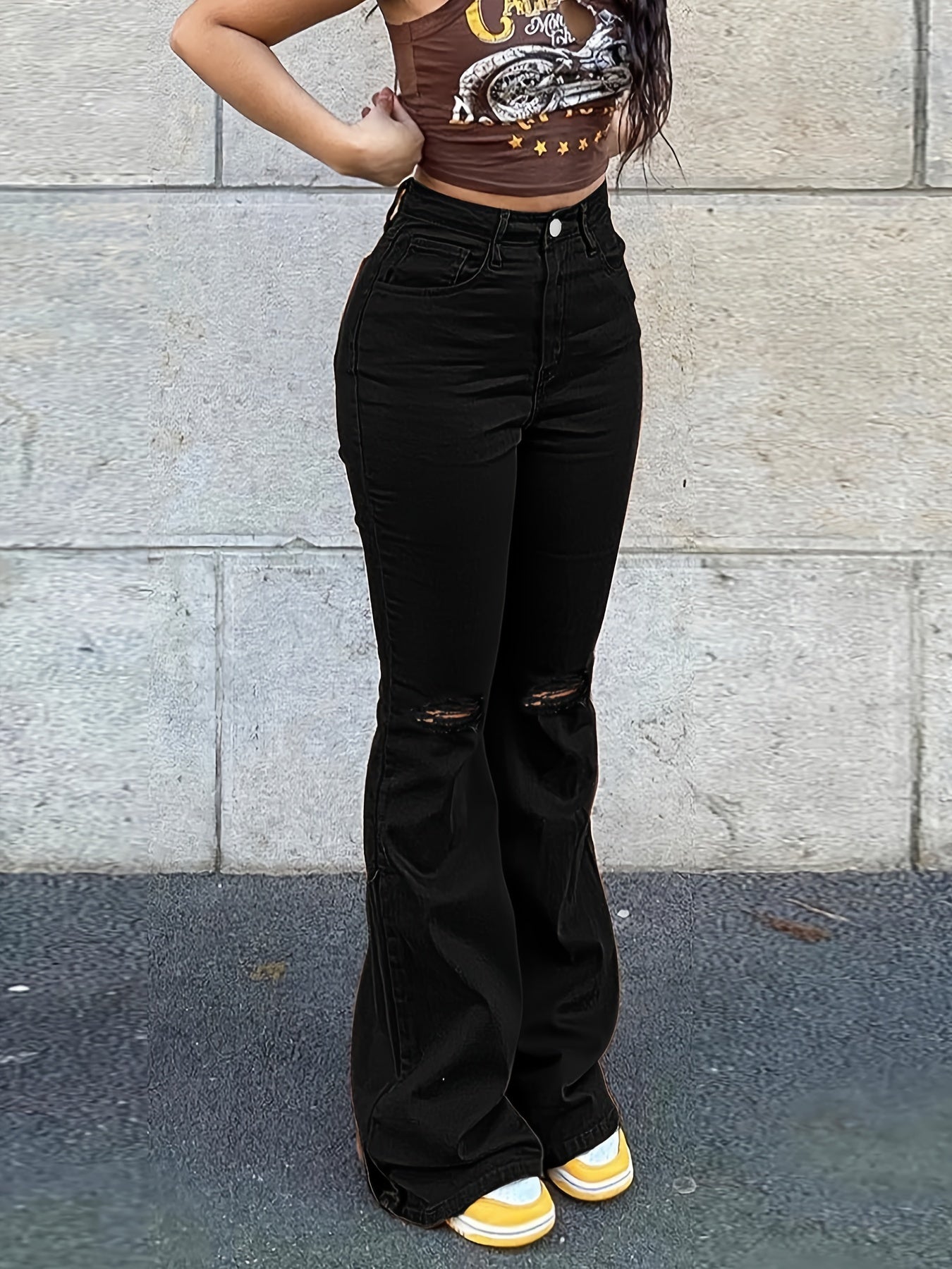 High Rise Ripped Knees Wide Legs Flare Jeans, Slim Fit High Waist Washed Black Denim Pants, Women's Denim Jeans & Clothing