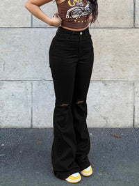 High Rise Ripped Knees Wide Legs Flare Jeans, Slim Fit High Waist Washed Black Denim Pants, Women's Denim Jeans & Clothing
