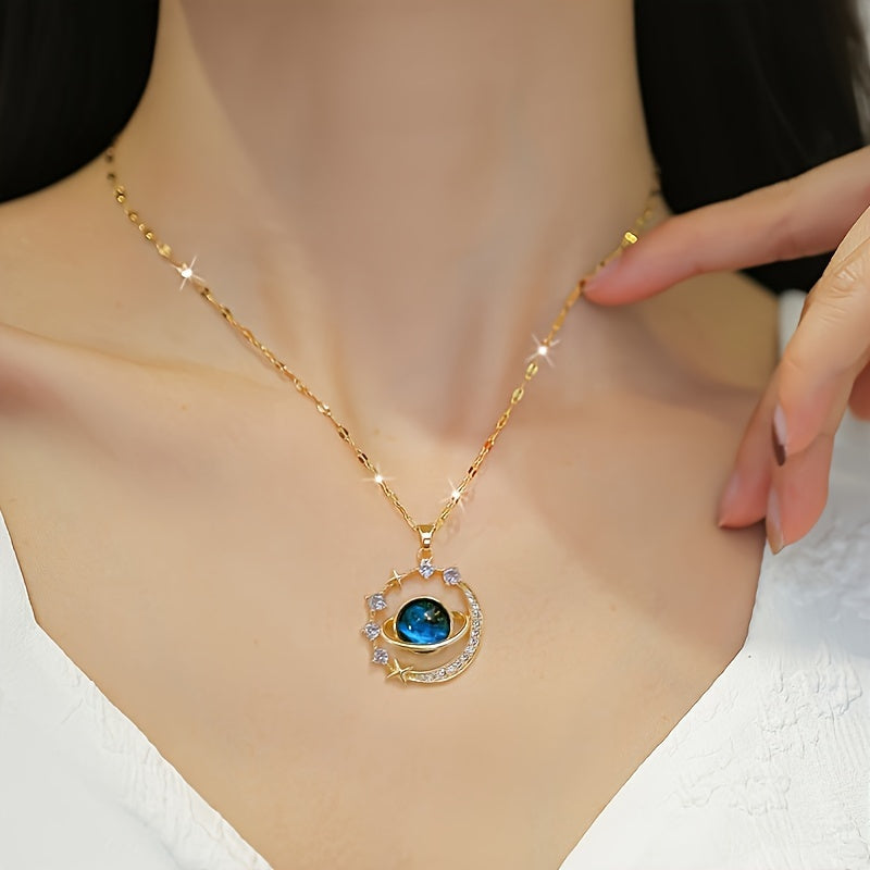 Stainless Steel Zircon Astral Blue Starry Planet Moon Pendant Necklace For Women, Great Christmas Halloween Thanksgiving Day Gift, New Year's Gift, Valentine's Day Gift - Veloxea