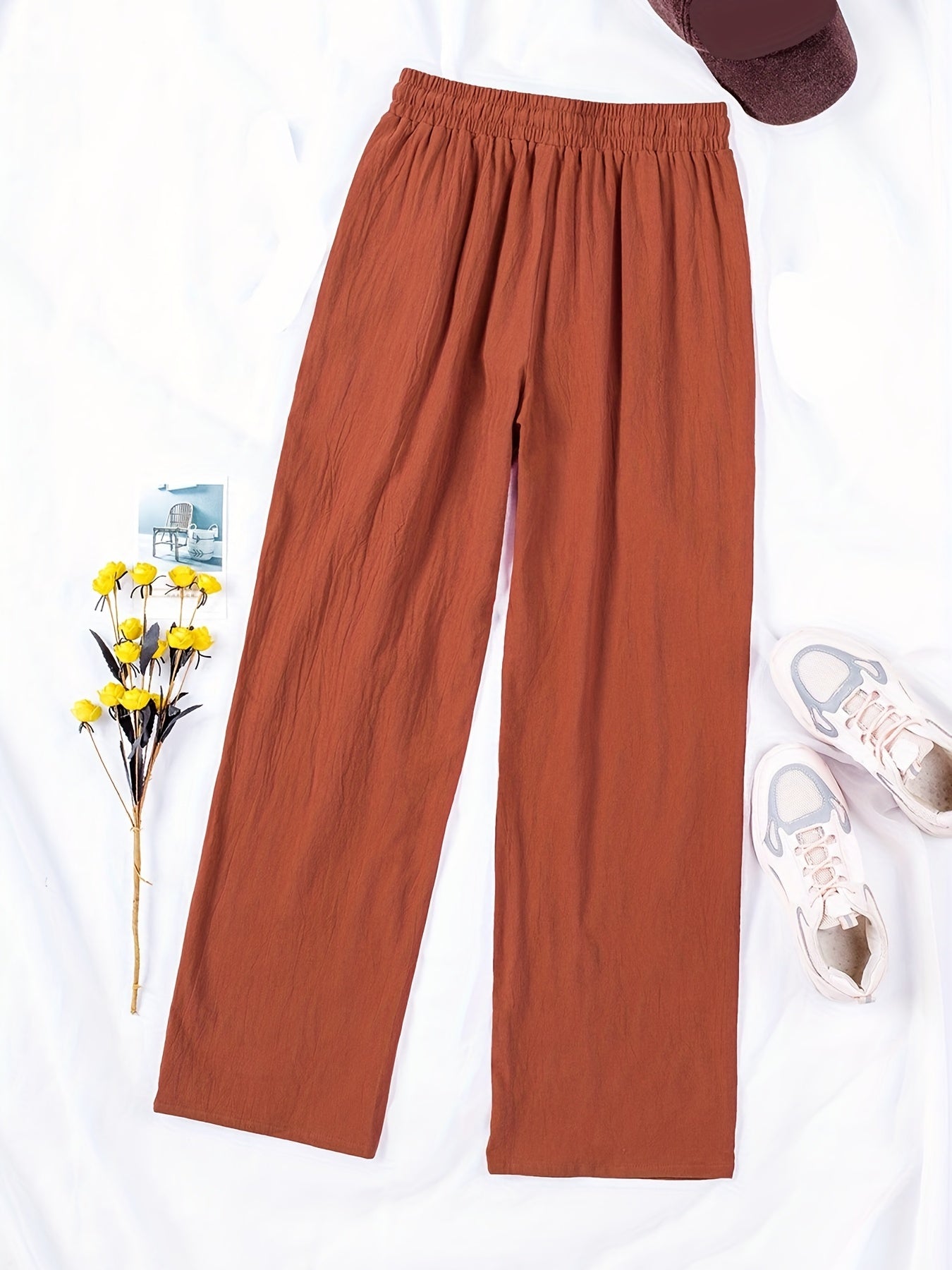 Drawstring Straight Leg Pants, Casual Solid Elastic Waist Pocket Fashion Loose Pants, Women's Clothing