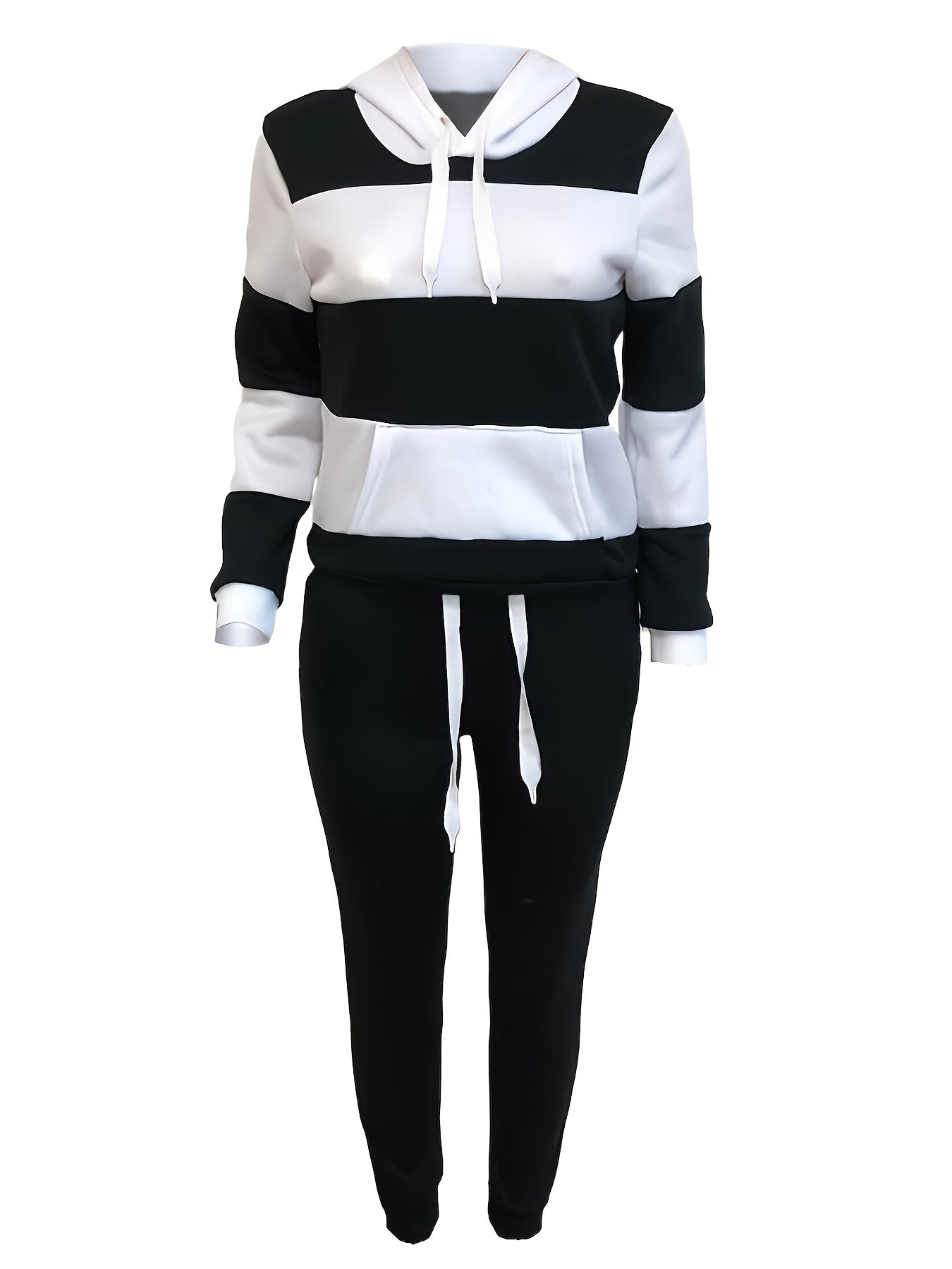 Plus Size Casual Outfits Two Piece Set, Women's Plus Colorblock Stripe Print Long Sleeve Drawstring Hoodie Sweatshirt & Joggers Outfits 2 Piece Set