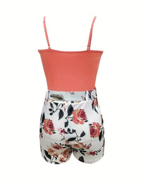 Casual Two-piece Set For Spring & Summer, Surplice Neck Cami Top & Floral Print Belt Shorts Outfits, Women's Clothing