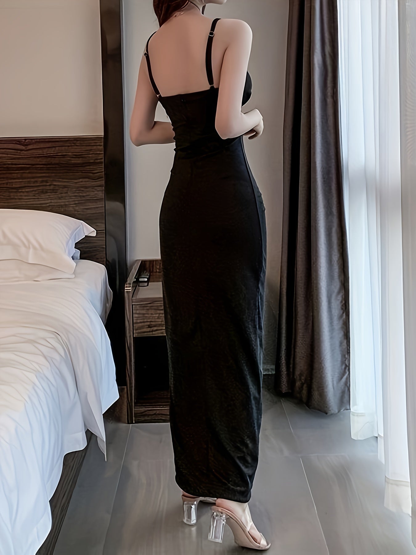 Split Thigh Ruched Bodycon V Neck Dress, Elegant Sleeveless Cami Maxi Dress For Party & Banquet, Women's Clothing