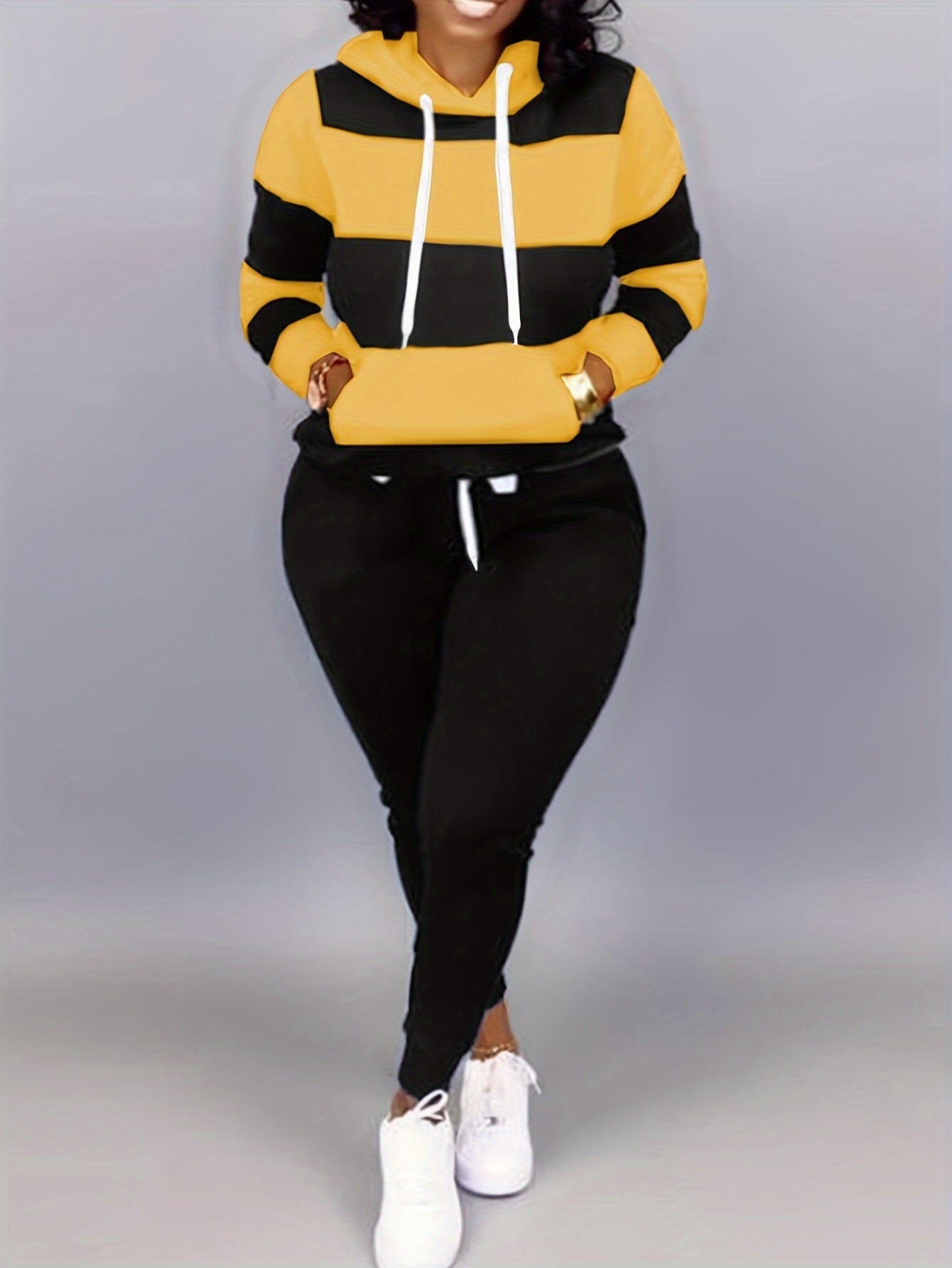 Plus Size Casual Outfits Two Piece Set, Women's Plus Colorblock Stripe Print Long Sleeve Drawstring Hoodie Sweatshirt & Joggers Outfits 2 Piece Set