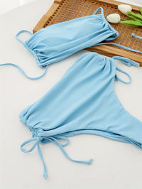 Solid Color Sexy 2 Piece Set Bikini, Spaghetti Straps Drawstring Tie Side High Waist Swimsuits, Women's Swimwear & Clothing - Veloxea