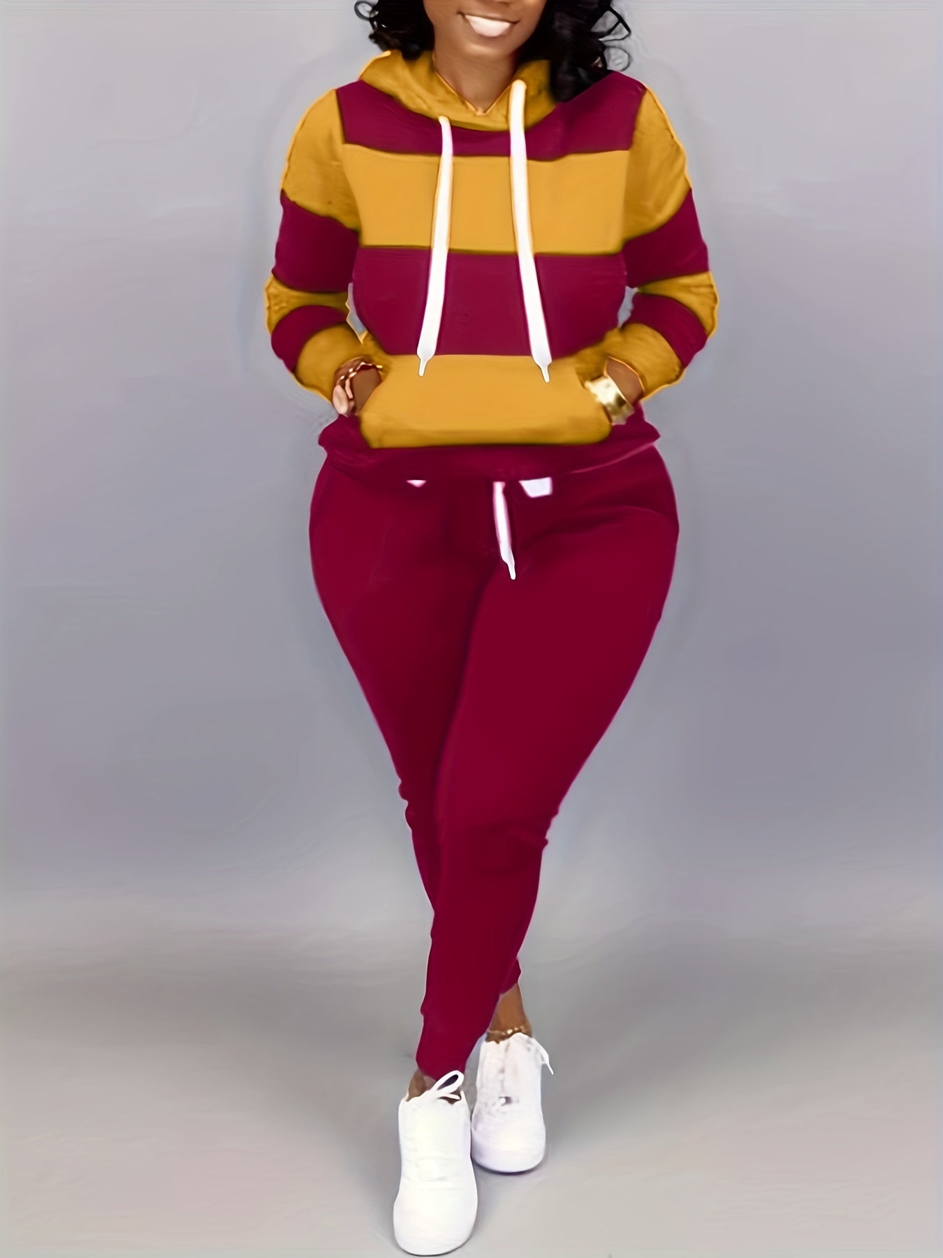 Plus Size Casual Outfits Two Piece Set, Women's Plus Colorblock Stripe Print Long Sleeve Drawstring Hoodie Sweatshirt & Joggers Outfits 2 Piece Set