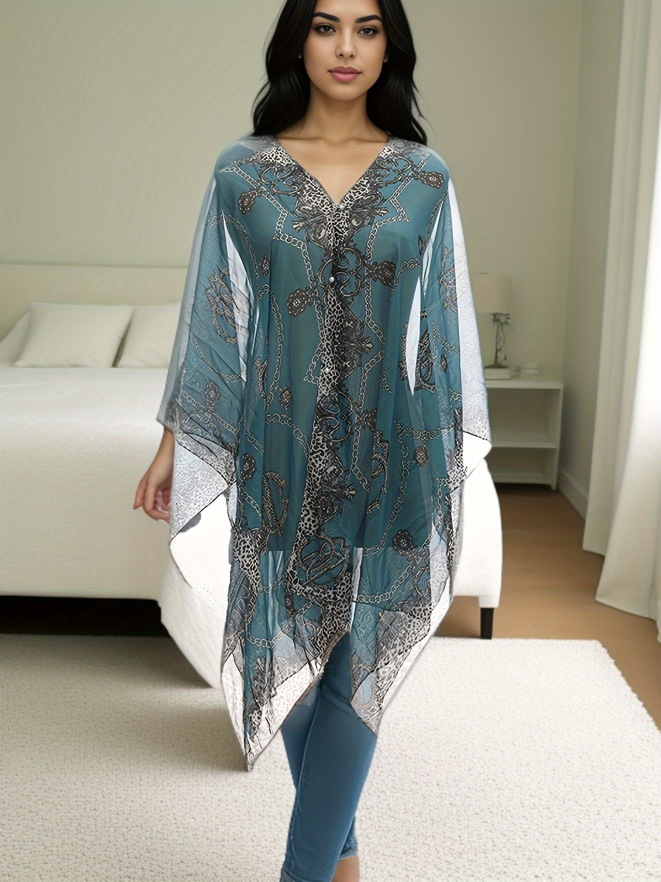 Plus Size Chain Print V Neck Shawl Top, Elegant Long Sleeve Blouse For Spring & Summer, Women's Plus Size Clothing - Veloxea