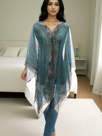 Plus Size Chain Print V Neck Shawl Top, Elegant Long Sleeve Blouse For Spring & Summer, Women's Plus Size Clothing - Veloxea