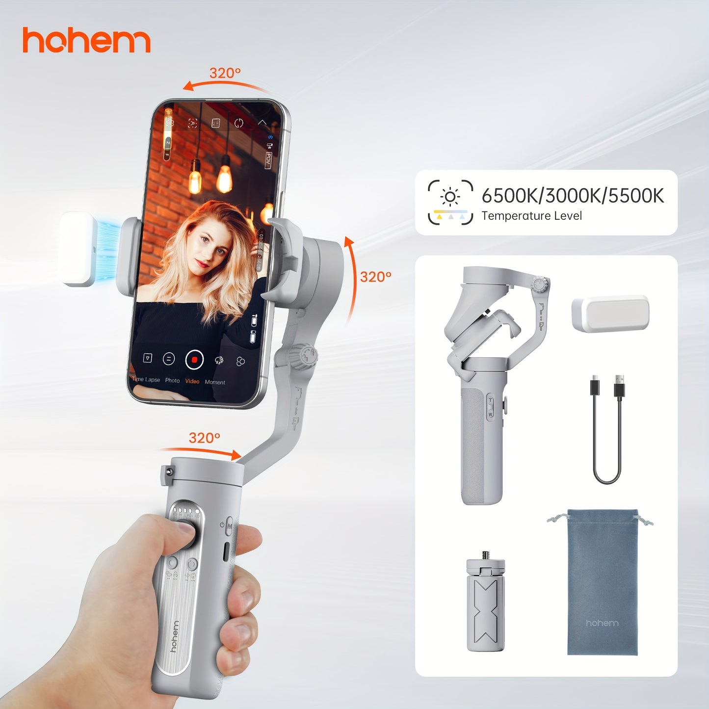 hohem iSteady XE Kit Gimbal Stabilizer for Smartphone, 3-Axis Phone Gimbal, Magnetic Fill Light