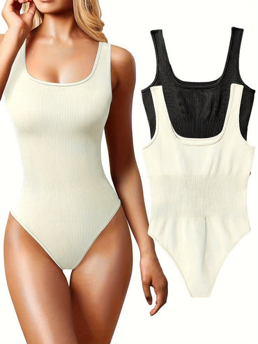 Solid Color Ribbed Tank Bodysuit 2 Pack, Sexy Sleeveless Slim Fit Bodysuit For Summer, Women's Clothing