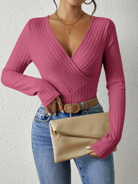 Solid Rib Knit Sweater, Casual V Neck Long Sleeve Slim Sweater, Women's Clothing - Veloxea