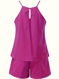 Solid Casual Two-piece Set, Sleeveless Top & Pocket Shorts Outfits, Women's Clothing - Veloxea