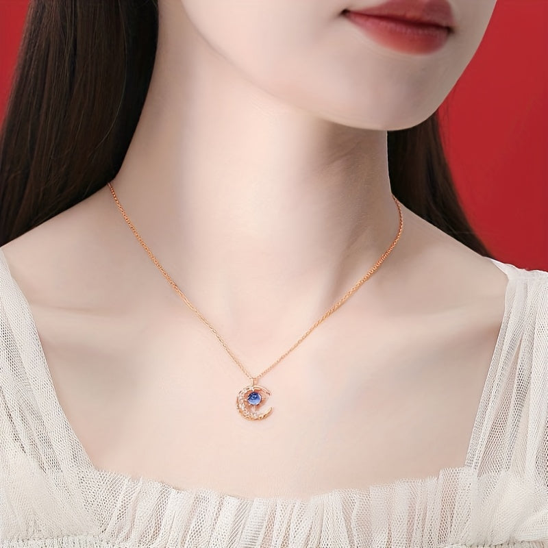 Moon Star Pendant Necklace Inlaid Shiny Moonstone Dainty Clavicle Chain For Women - Veloxea