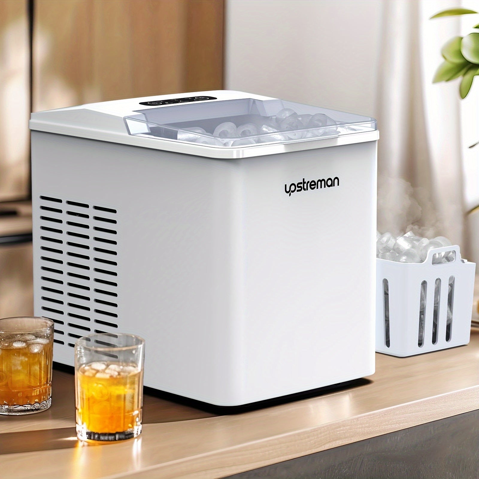 1pc Upstreman Y90 Countertop Ice Maker, Self-Cleaning Ice Cube Maker Machine, Max 26Lbs/Day, 9 Ice Cubes Ready In 6 Mins, Portable Bullet Ice Maker For Home - Veloxea
