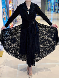Elegant Plus Size Lace Contrast Midi Dress with Lapel Collar and Long Sleeves - High Stretch Polyester Fabric, Flared Hem