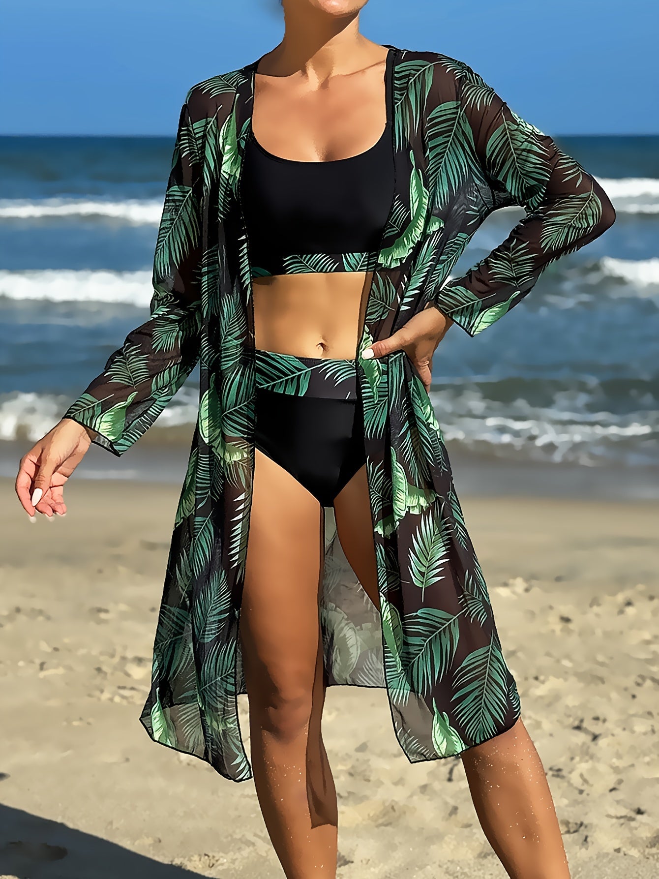Tropical Leaf Print Stretchy 3 Piece Set Bikini With Long Sleeve Kimono, Scoop Neck Contrast Band Stylish Swimsuits, Women's Swimwear & Clothing For Holiday - Veloxea