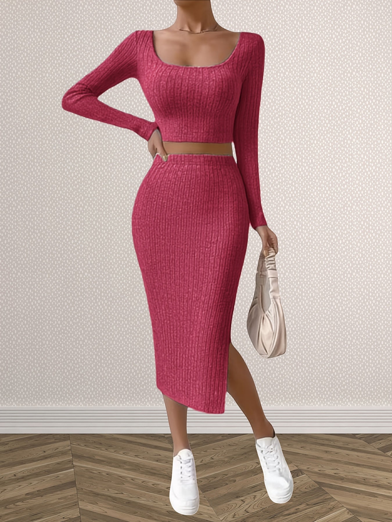 Solid Matching Two-piece Skirt Set, Casual Long Sleeve T-shirt & Split Skirt Outfits, Women's Clothing - Veloxea