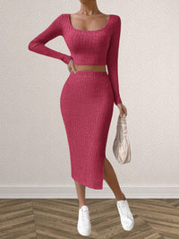 Solid Matching Two-piece Skirt Set, Casual Long Sleeve T-shirt & Split Skirt Outfits, Women's Clothing - Veloxea