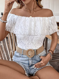 Floral Pattern Off Shoulder Lace T-shirt, Elegant Slim Top For Spring & Summer, Women's Clothing - Veloxea