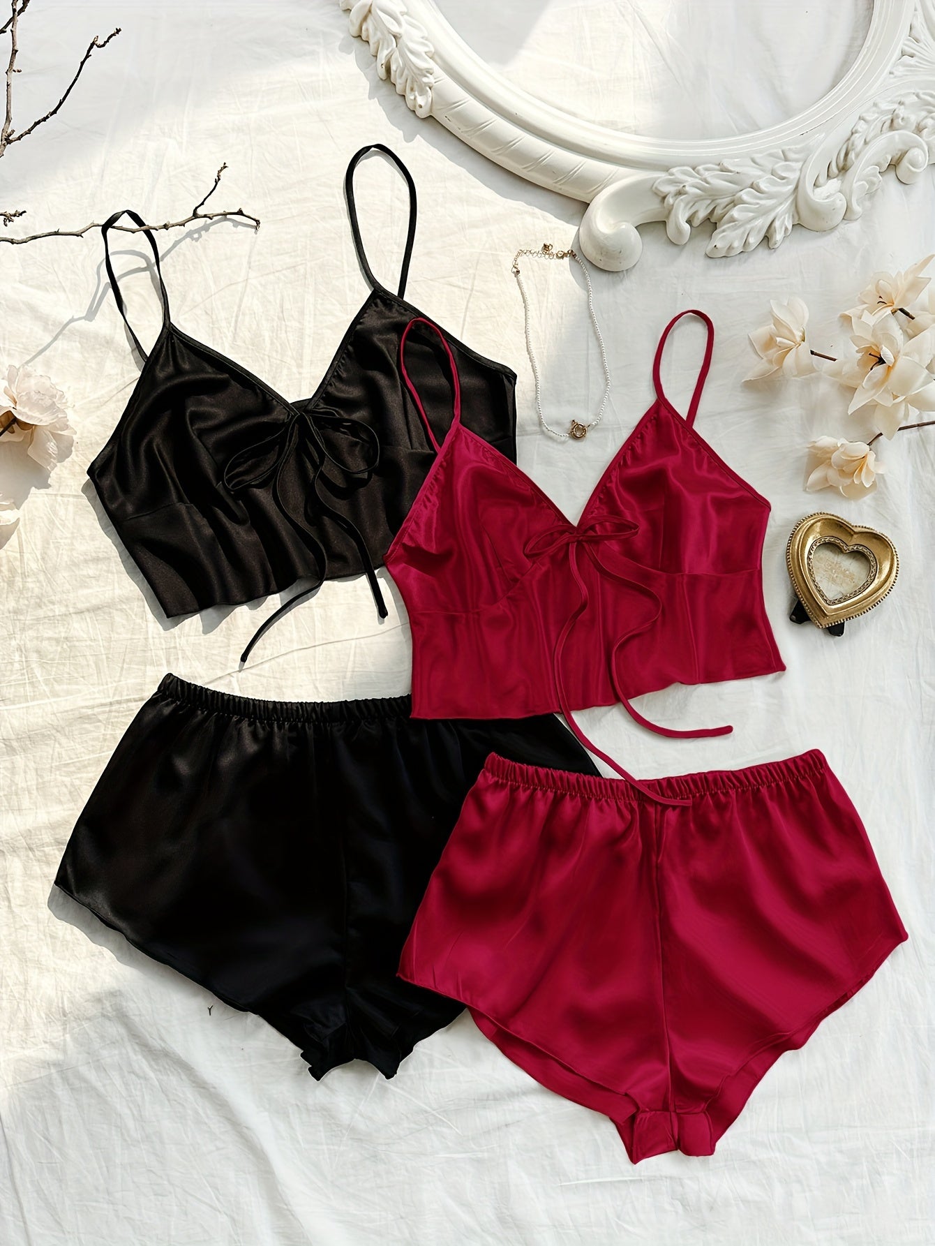 2 Sets Women's Elegant Solid Satin Pajama Set, Bow Tie Front V Neck Crop Cami Top & Shorts, Comfortable Relaxed Fit, Summer Nightwear - Veloxea