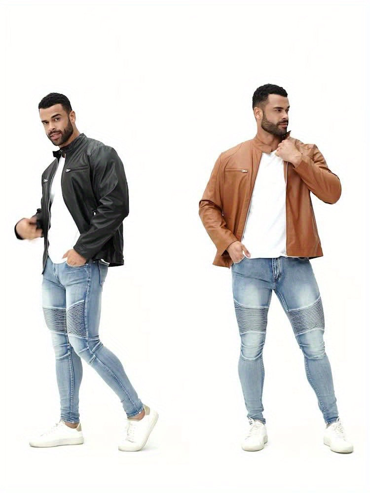2023 Autumn And Winter New Zipper Cardigan Pocket PU Leather Small Stand Collar MotorcycleJacket Coat Men's Coat - Veloxea