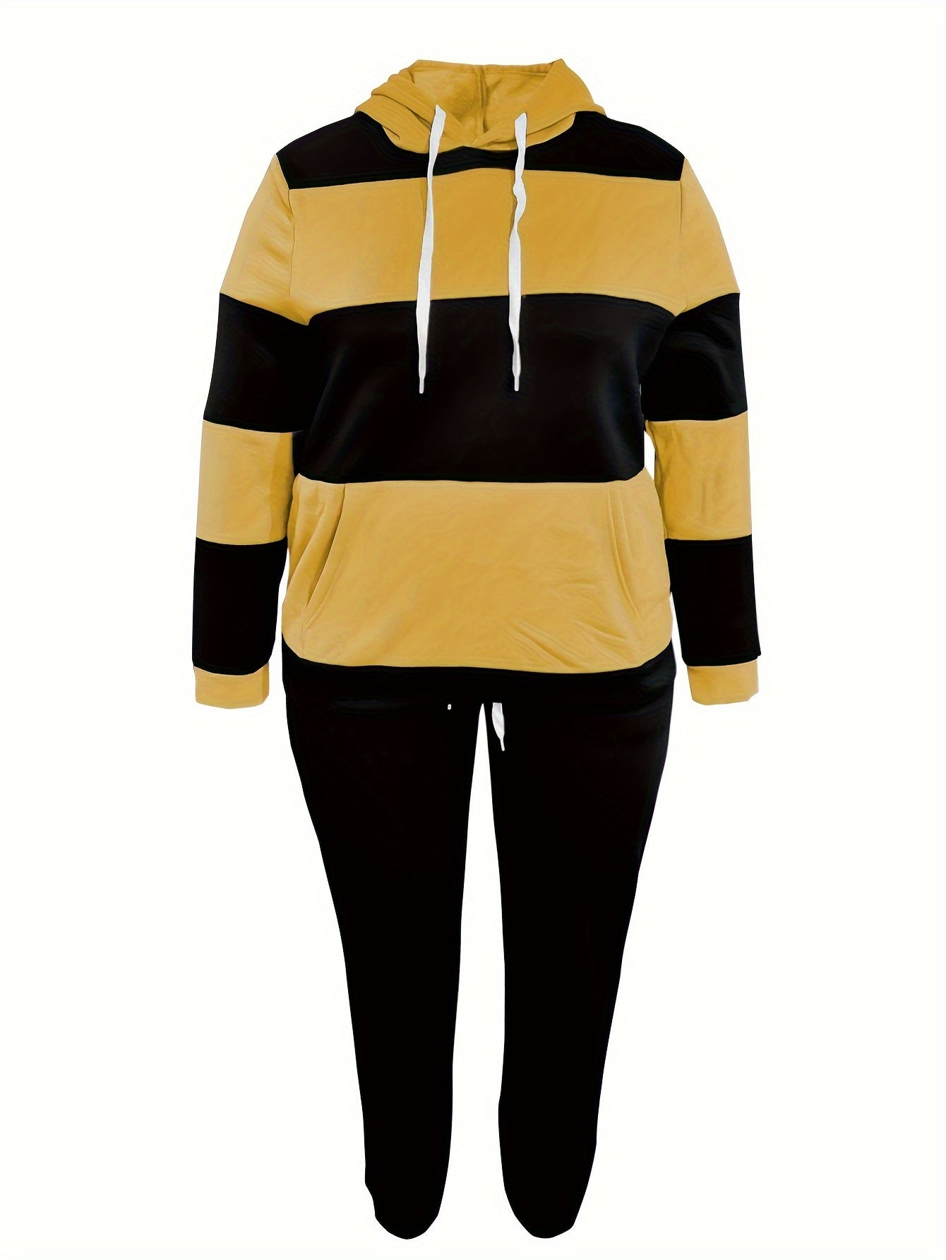 Plus Size Casual Outfits Two Piece Set, Women's Plus Colorblock Stripe Print Long Sleeve Drawstring Hoodie Sweatshirt & Joggers Outfits 2 Piece Set
