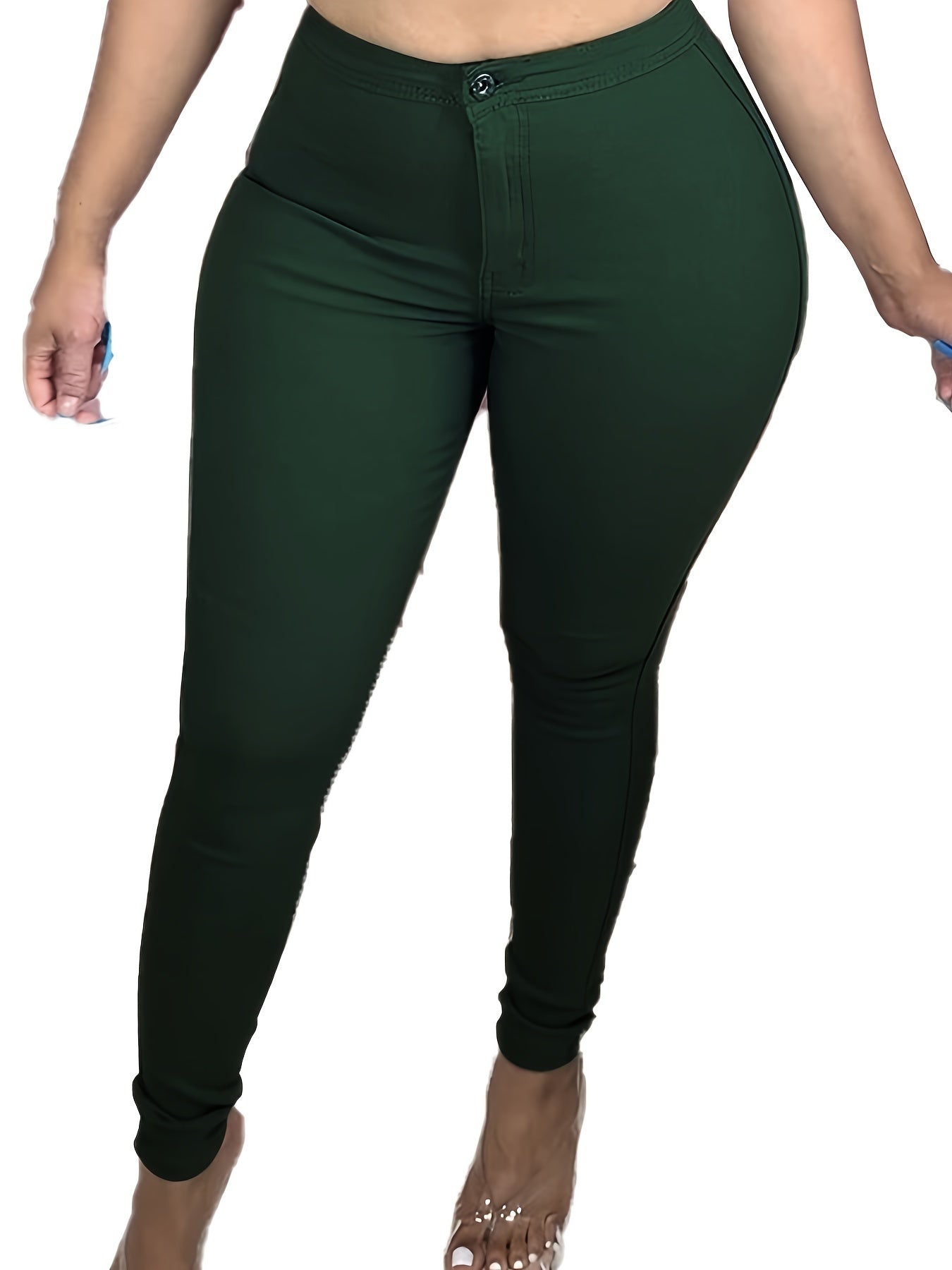 Solid Slim Long Length Corset Leg Pockets Back Button Pants, Casual Elastic High Waist Pants, Women's Clothing