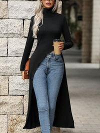 Split Hem Mock Neck Slim Top, Elegant Long Sleeve Long Length Top For Spring & Fall, Women's Clothing