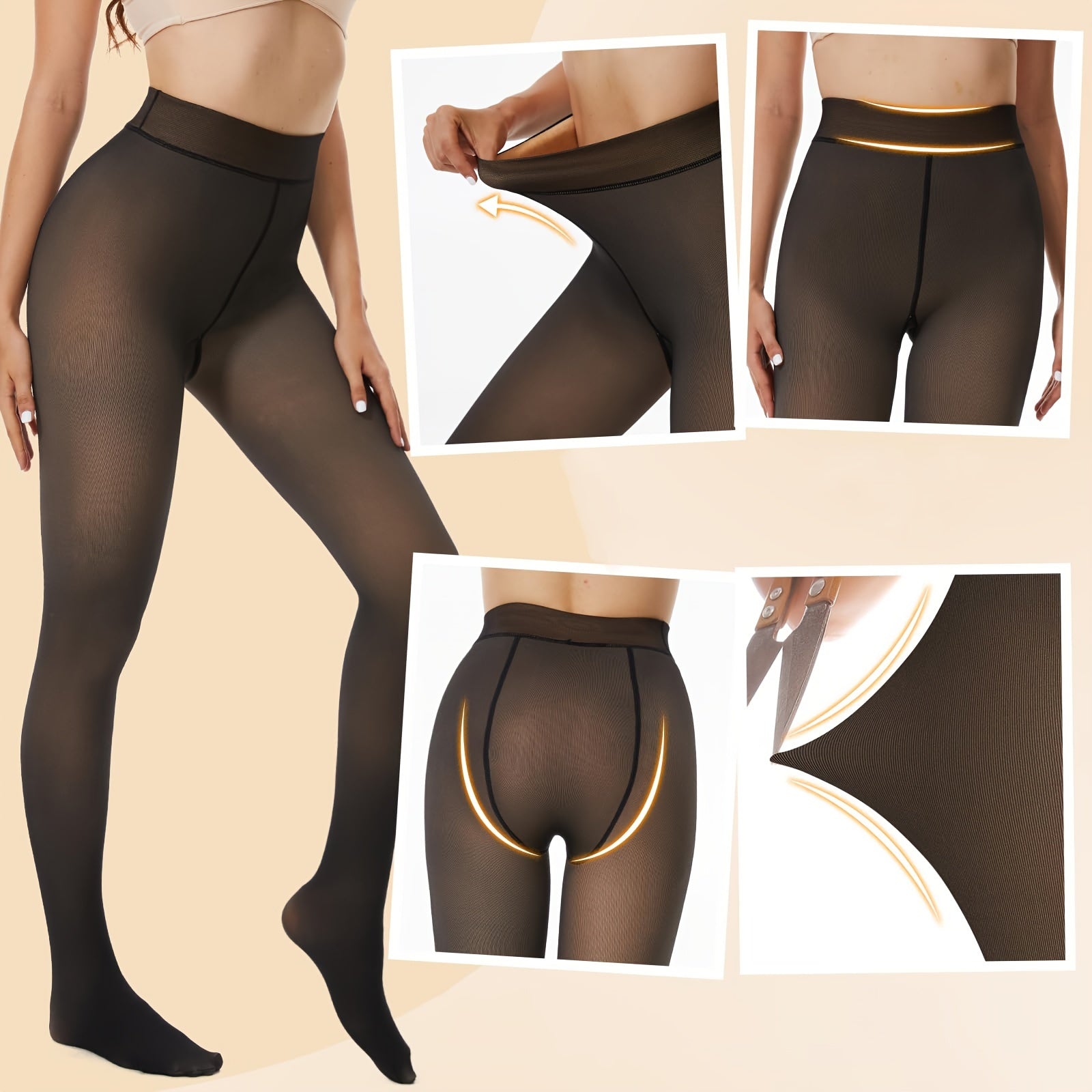 4 Pairs Of Stockings,, Fleece Lined Tights Women, Comfortable Tight Warm Autumn And Winter, Women's Stockings And Socks (Skin Tone + Solid Black + Transparent Black + Transparent Coffee) - Veloxea