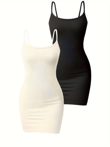 OQQ Women's 2 Piece Dresses Ribbed Sleeveless Adjustable Spaghetti Strips Tops Mini Dress - Veloxea