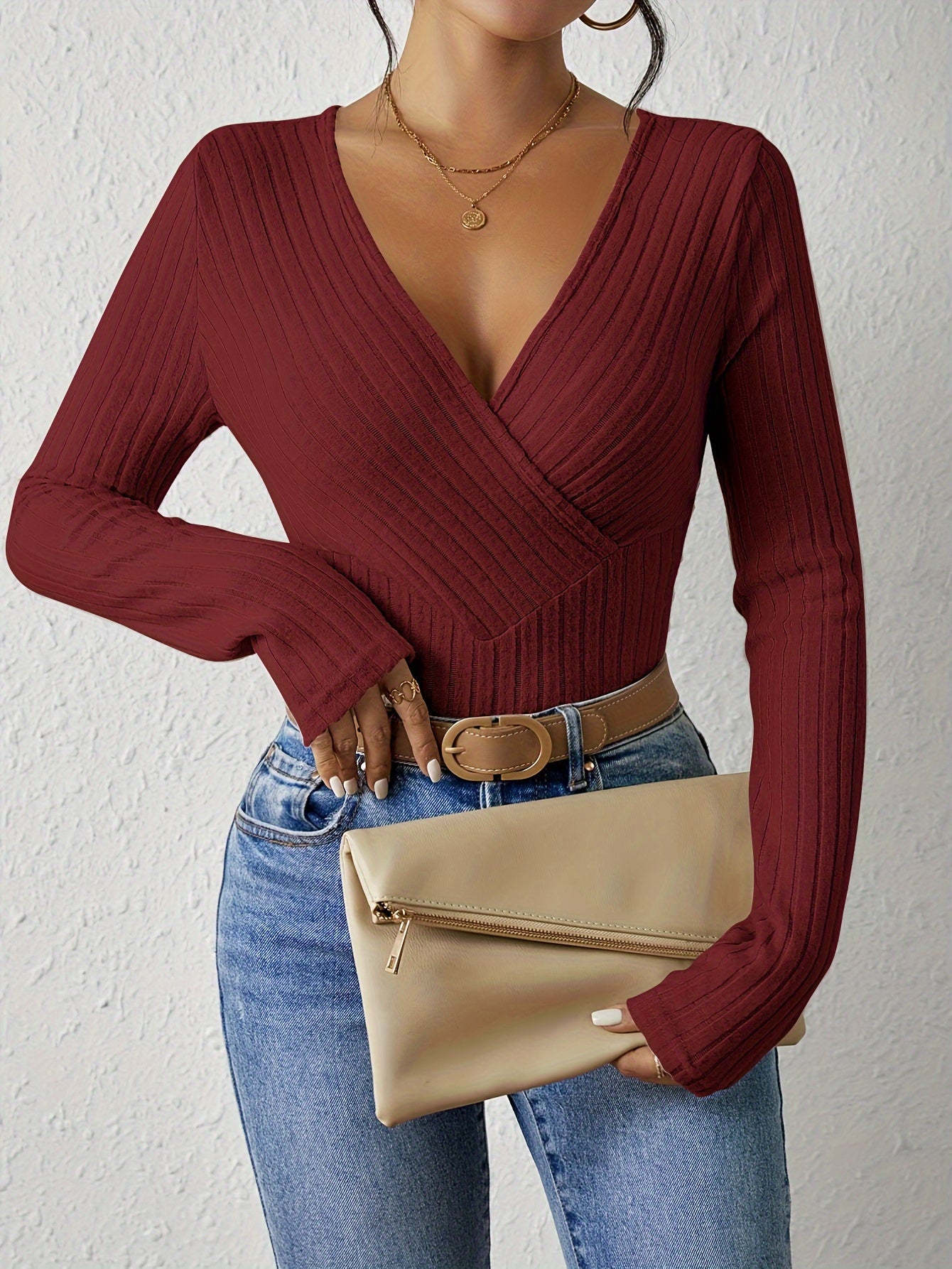 Solid Rib Knit Sweater, Casual V Neck Long Sleeve Slim Sweater, Women's Clothing - Veloxea