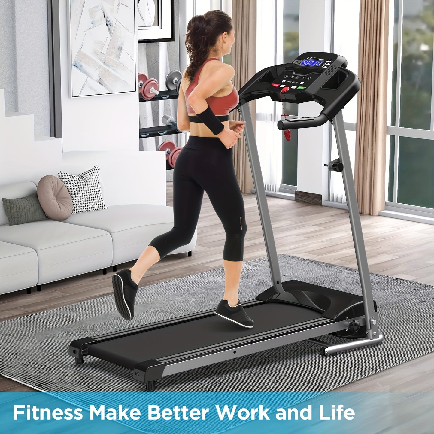 XMKEY 1pc Fitness Treadmills With Folding Handle, Home 2.5 HP Portable Electric Running Machine, Suitable For Body Exercise, Walking, Jogging - Veloxea
