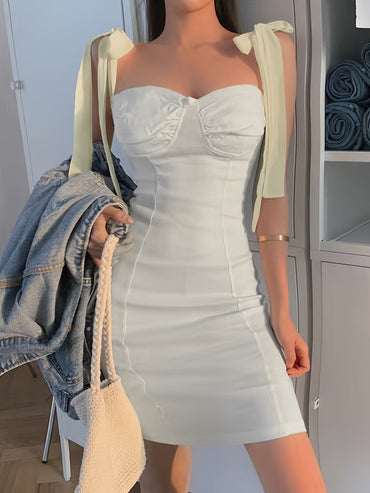 Tie Shoulder Bodycon Mini Dress, Elegant Sleeveless Cami Dress For Spring & Summer, Women's Clothing - Veloxea