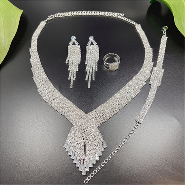 Sparkling Jewelry Set Artificial Crystal Rhinestone Decor Full Rhinestone Necklace Bracelet Ring And Earrings Set Party Banquet Bridal Wedding Jewelry Set Gifts For Eid - Veloxea