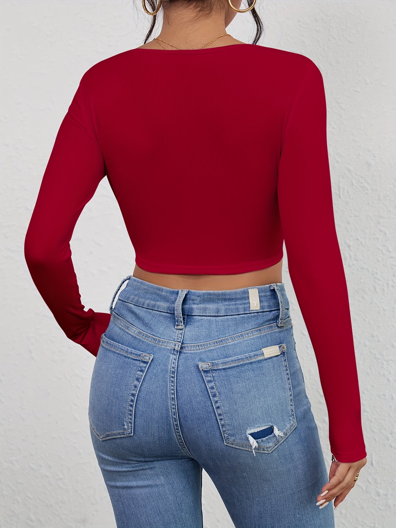 Squared Neck Cropped T-shirt, Casual Long Sleeve Solid T-shirt, Women's Clothing - Veloxea