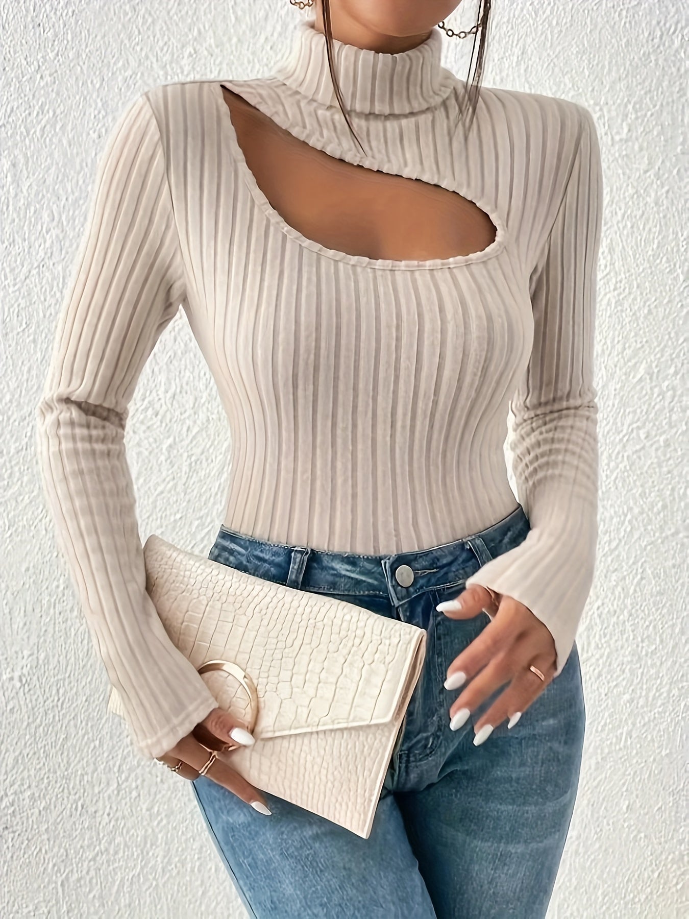 Cut Out Mock Neck Ribbed T-Shirt, Stylish Long Sleeve Slim Top For Spring & Fall, Women's Clothing - Veloxea
