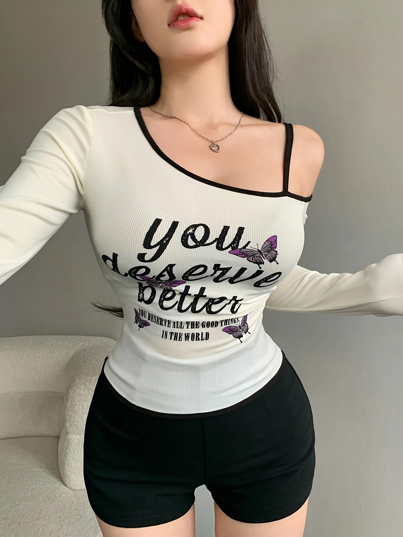 Butterfly Print Asymmetrical Neck T-Shirt, Y2K Long Sleeve T-Shirt For Spring & Fall, Women's Clothing - Veloxea