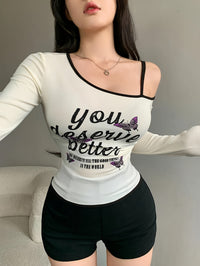 Butterfly Print Asymmetrical Neck T-Shirt, Y2K Long Sleeve T-Shirt For Spring & Fall, Women's Clothing - Veloxea