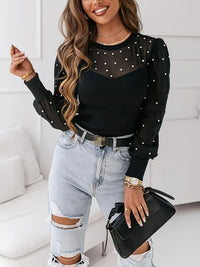 Illusion Neckline Beaded T-Shirt, Stylish Puff Sleeve Top For Spring & Fall, Women's Clothing - Veloxea