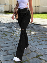 High Rise Ripped Knees Wide Legs Flare Jeans, Slim Fit High Waist Washed Black Denim Pants, Women's Denim Jeans & Clothing