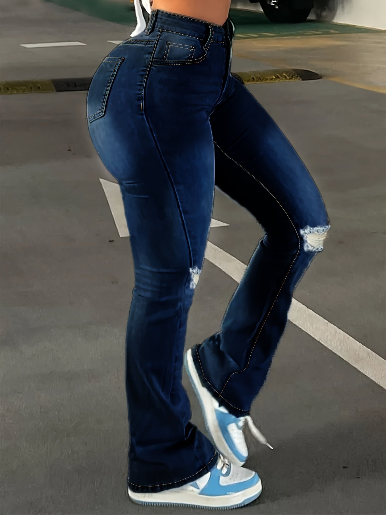 High Rise Ripped Knees Wide Legs Flare Jeans, Slim Fit High Waist Washed Black Denim Pants, Women's Denim Jeans & Clothing