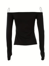 Off Shoulder Solid T-Shirt, Casual Long Sleeve Top For Spring & Fall, Women's Clothing - Veloxea