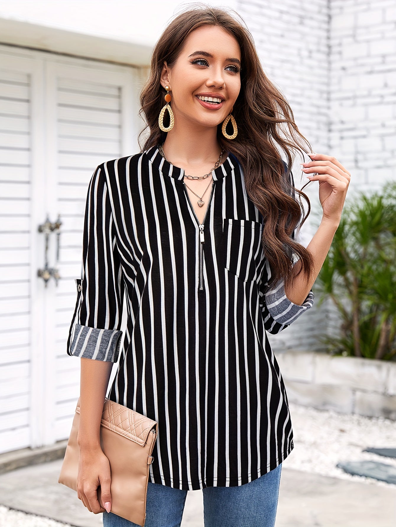 Striped Print Zip Front Blouse, Casual Long Sleeve Top For Spring, Women's Clothing - Veloxea
