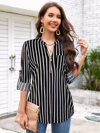 Striped Print Zip Front Blouse, Casual Long Sleeve Top For Spring, Women's Clothing - Veloxea