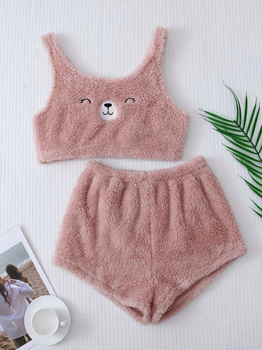 Cartoon Bear Print Pajama Set, Crew Neck Tank Top & Elastic Waistband Shorts, Women's Sleepwear & Loungewear - Veloxea
