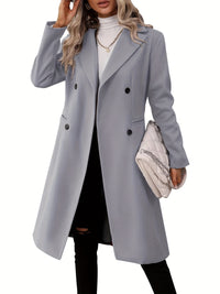 Double-Breasted Lapel Collar Pea Coat, Elegant Mid Length Long Sleeve Outerwear For Fall & Winter, Women's Clothing - Veloxea