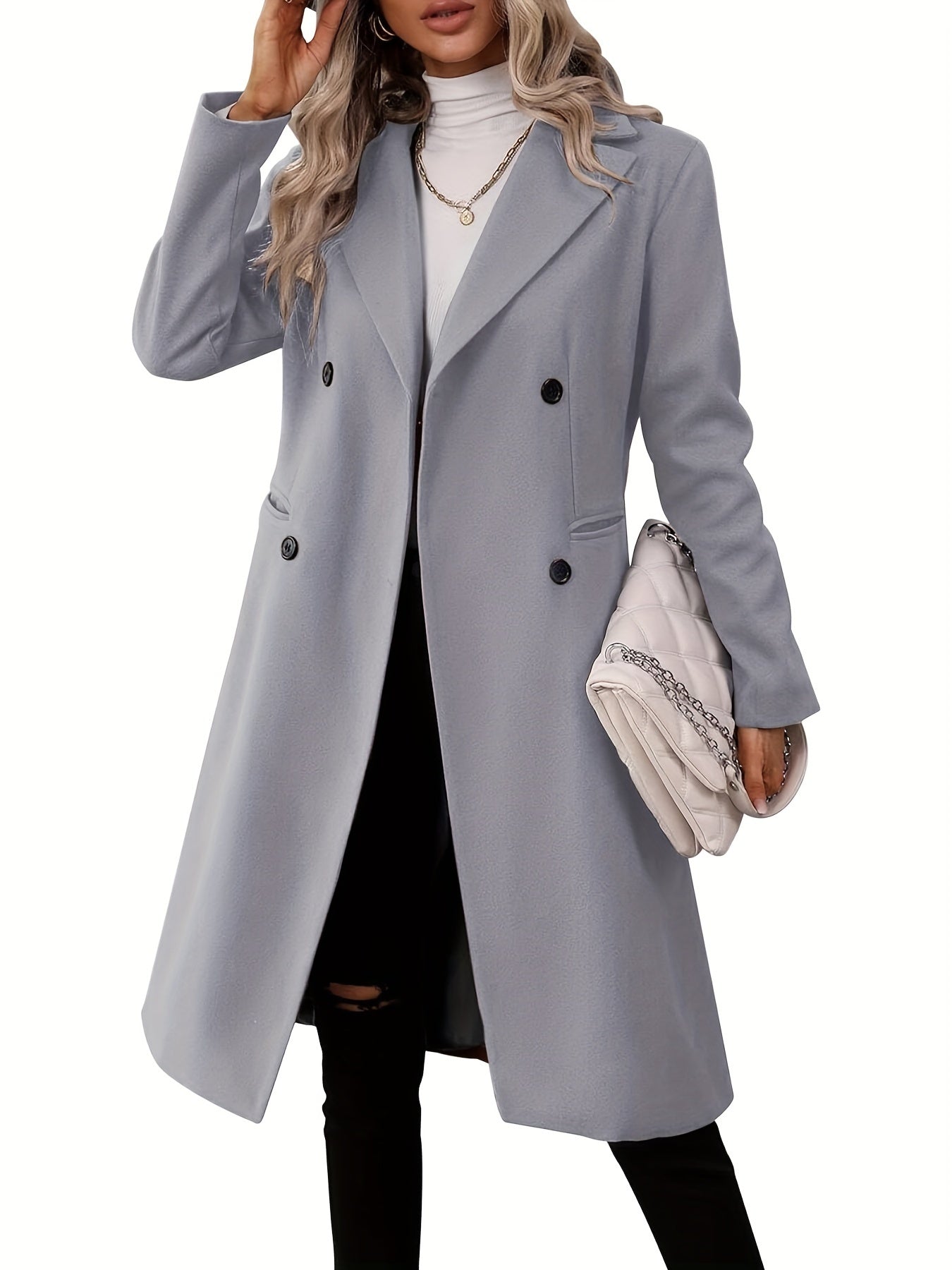 Double-Breasted Lapel Collar Pea Coat, Elegant Mid Length Long Sleeve Outerwear For Fall & Winter, Women's Clothing - Veloxea