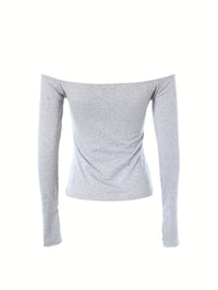 Off Shoulder Solid T-Shirt, Casual Long Sleeve Top For Spring & Fall, Women's Clothing - Veloxea