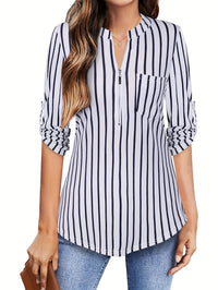 Striped Print Zip Front Blouse, Casual Long Sleeve Top For Spring, Women's Clothing - Veloxea