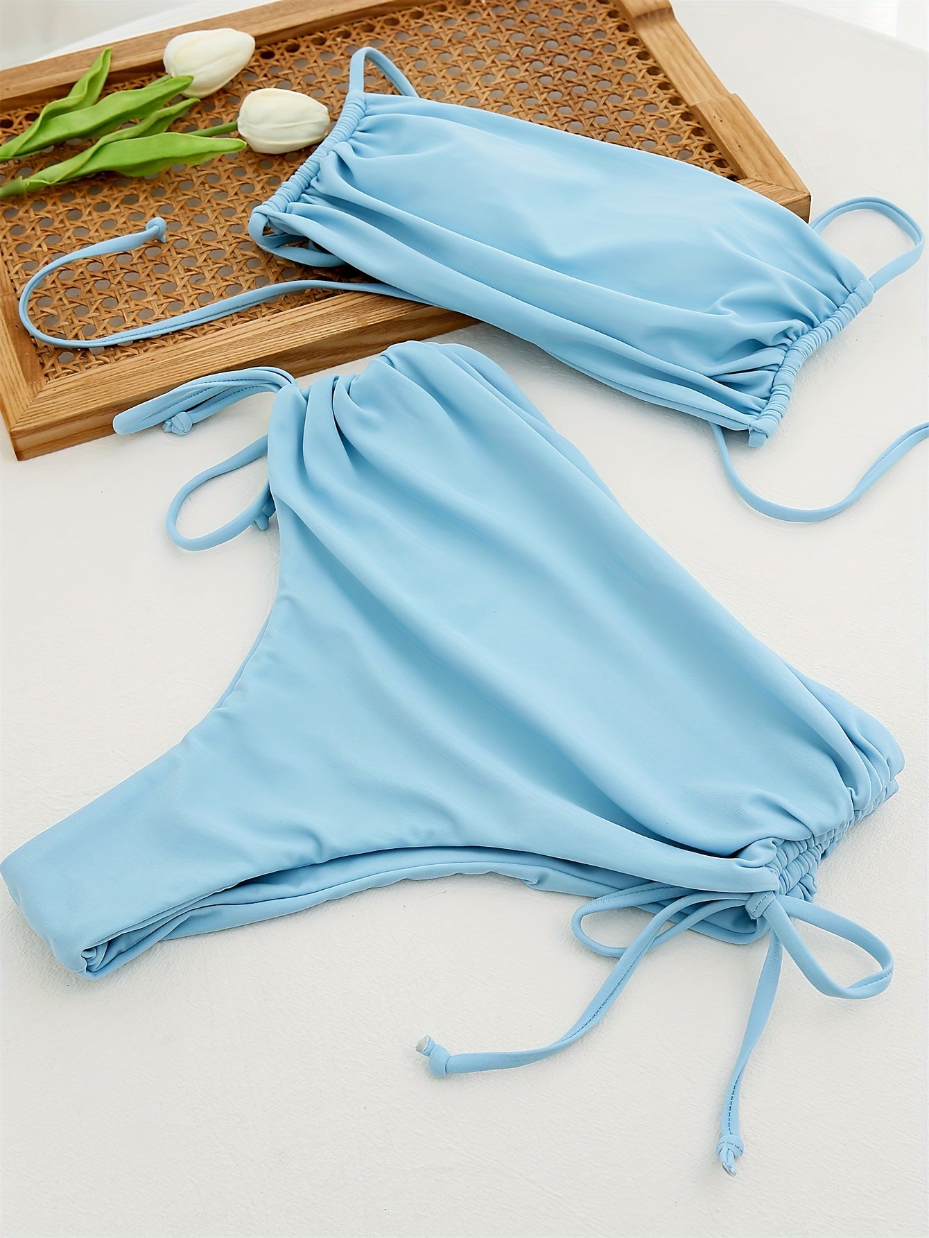 Solid Color Sexy 2 Piece Set Bikini, Spaghetti Straps Drawstring Tie Side High Waist Swimsuits, Women's Swimwear & Clothing - Veloxea